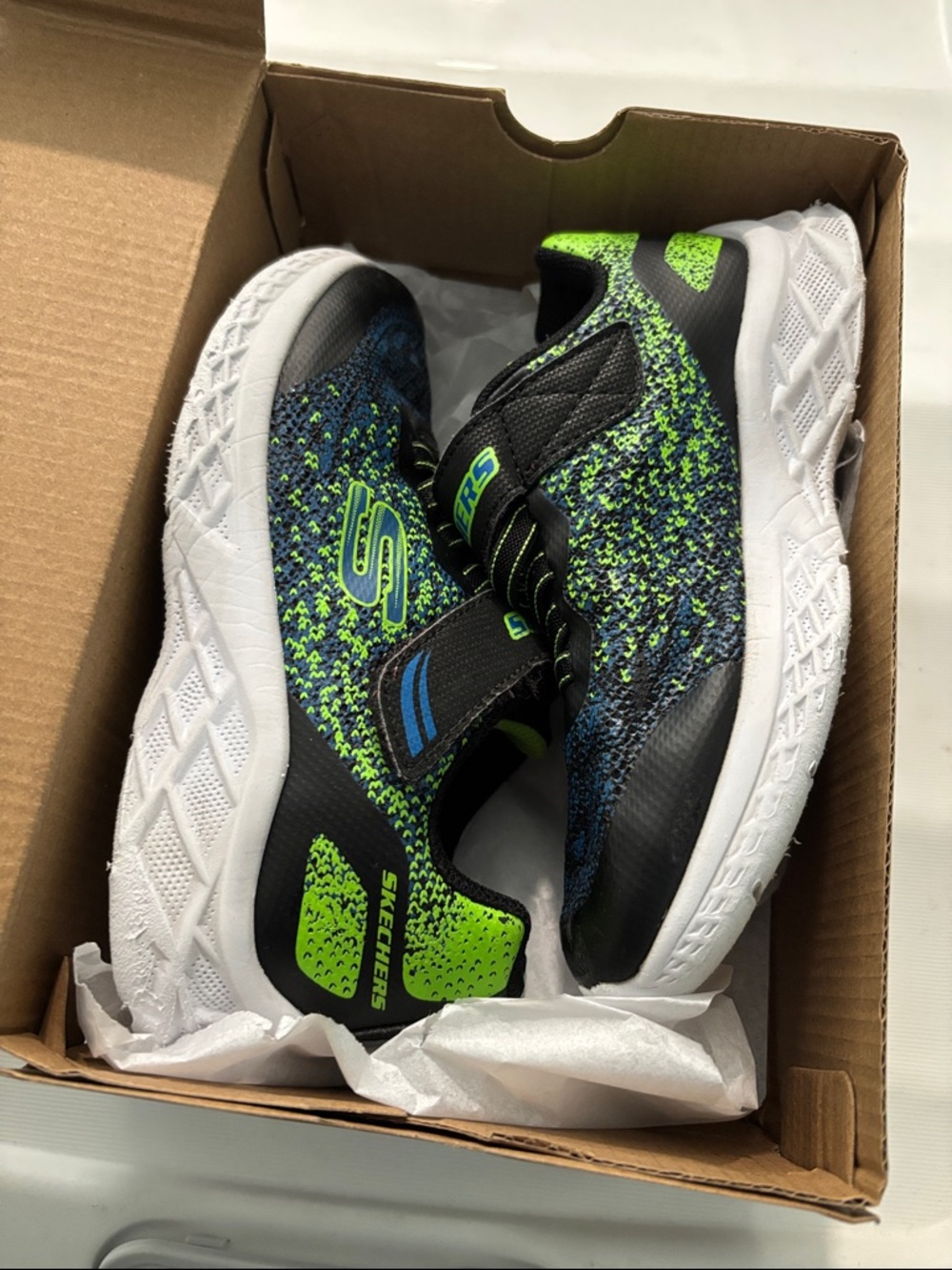 Skechers Kids Black, Neon Green & Blue Slip-On Athletic Sneakers